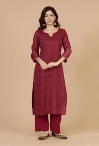 Maroon Hand Block Printed Straight Kurta image 2
