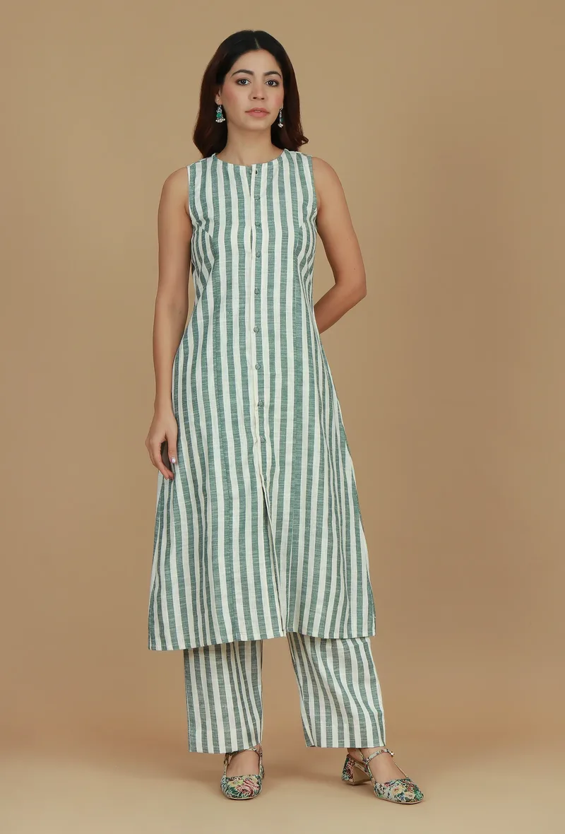 Set of 2 Green & White Striped Cotton Kurta with Matching Pants