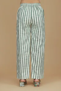 Set of 2 Green & White Striped Cotton Kurta with Matching Pants image 5