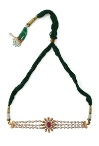 Ethnic Three-Line Moti Mala Choker Set With Adjustable Neck Dori And Antique Tops image 3