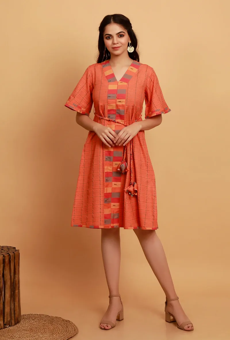 Orange and Multi Colored Woven Checkered Flared Dress