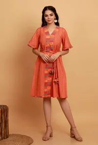 Orange and Multi Colored Woven Checkered Flared Dress image 1