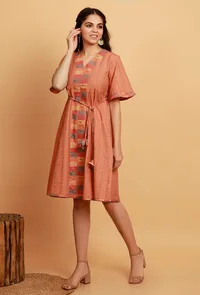Orange and Multi Colored Woven Checkered Flared Dress image 2