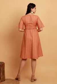 Orange and Multi Colored Woven Checkered Flared Dress image 3