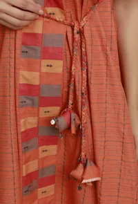 Orange and Multi Colored Woven Checkered Flared Dress image 4