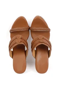 Caramel Brown Wooden Carved Braided & Textured Wedges image 2