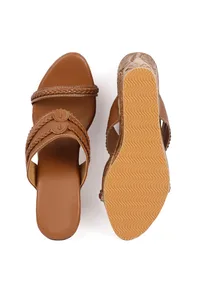 Caramel Brown Wooden Carved Braided & Textured Wedges image 3