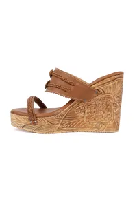 Caramel Brown Wooden Carved Braided & Textured Wedges image 4