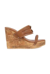 Caramel Brown Wooden Carved Braided & Textured Wedges image 5