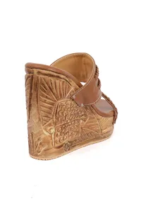 Caramel Brown Wooden Carved Braided & Textured Wedges image 6