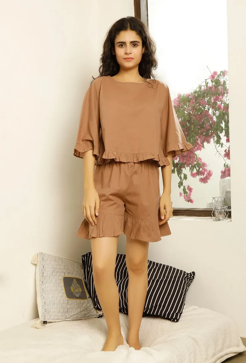 Set of 2 : Cocoa Brown Cotton Top and shorts