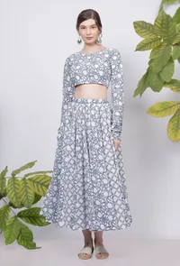 Set-of -2 Powder Blue Cotton Floral Hand-Block Printed Full Sleeves Blouse with Cotton Floral Block Printed Skirt image 1