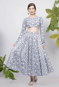 Set-of -2 Powder Blue Cotton Floral Hand-Block Printed Full Sleeves Blouse with Cotton Floral Block Printed Skirt image 2
