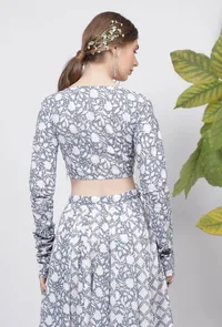 Set-of -2 Powder Blue Cotton Floral Hand-Block Printed Full Sleeves Blouse with Cotton Floral Block Printed Skirt image 3