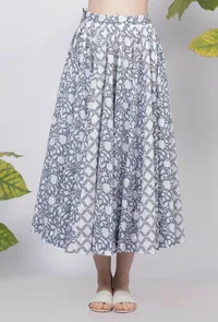 Set-of -2 Powder Blue Cotton Floral Hand-Block Printed Full Sleeves Blouse with Cotton Floral Block Printed Skirt image 4