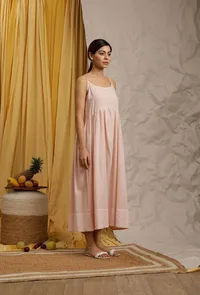 Baby Pink Cotton Schiffli Gathered Slip Dress image 2