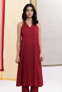 Carmine Red Halter Neck Backless Cotton Flared Kurta image 1