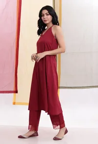 Carmine Red Halter Neck Backless Cotton Flared Kurta image 3