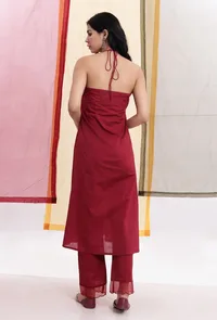 Carmine Red Halter Neck Backless Cotton Flared Kurta image 4