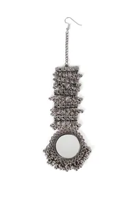 Oxidized Silver Designer Mirror Round Shape With Ghunghru Chain Maangtikka image 2