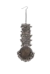 Oxidized Silver Designer Mirror Round Shape With Ghunghru Chain Maangtikka image 3