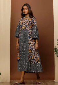 Black Kalamkari Geometric Print Cotton Dress image 2