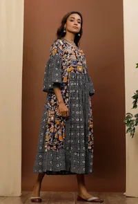 Black Kalamkari Geometric Print Cotton Dress image 3