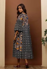 Black Kalamkari Geometric Print Cotton Dress image 4