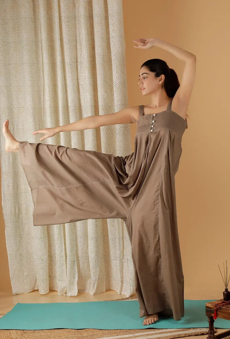 Mulmul Cotton Tan Brown Front Open Jumpsuit