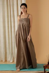 Mulmul Cotton Tan Brown Front Open Jumpsuit image 2