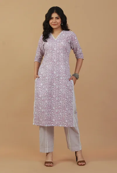 Set Of 2: Lavender Floral Printed Cotton Kurta with Striped Pants