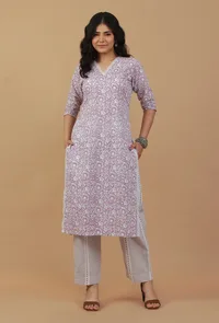 Set Of 2: Lavender Floral Printed Cotton Kurta with Striped Pants image 1