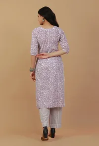 Set Of 2: Lavender Floral Printed Cotton Kurta with Striped Pants image 3