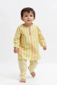 Set Of 2: Yellow Striped Kurta and Yellow Pant image 1