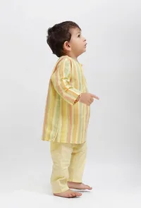Set Of 2: Yellow Striped Kurta and Yellow Pant image 3