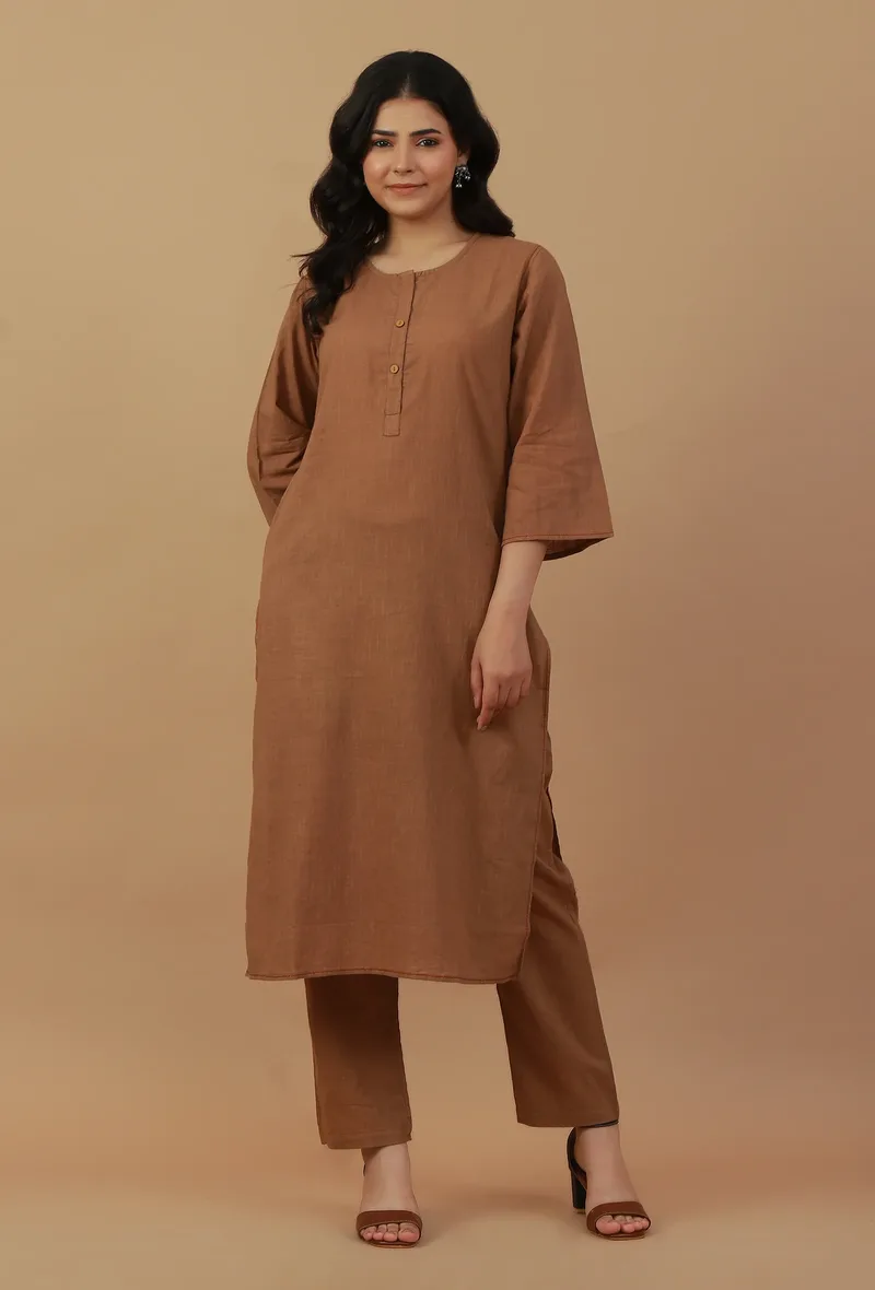Set of 2: Coffee Brown Straight Kurta with Matching Pants