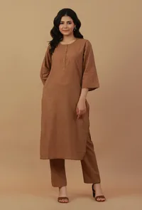Set of 2: Coffee Brown Straight Kurta with Matching Pants image 1