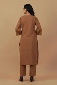 Set of 2: Coffee Brown Straight Kurta with Matching Pants image 4