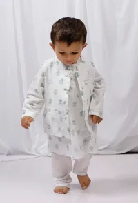 Set of 3: Green Hand Block Printed Cotton Kurta, Pajama & Nehru Jacket image 1