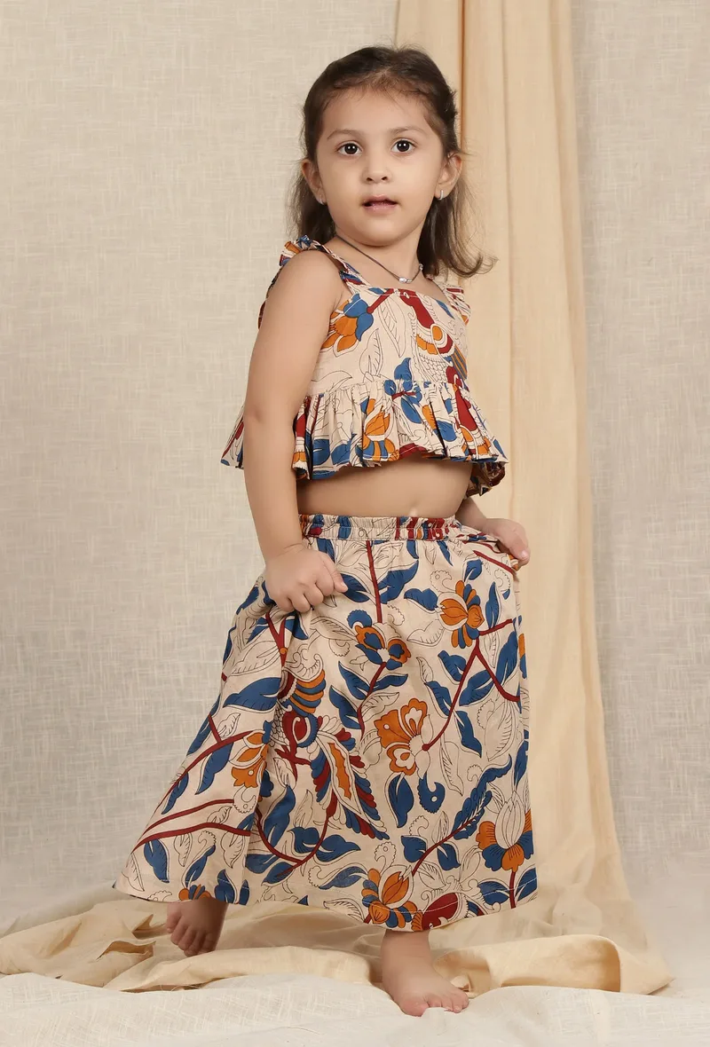 Set Of 2: Oorvi Beige Cream Kalamkari Printed Cotton Crop Top & Skirt