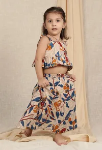 Set Of 2: Oorvi Beige Cream Kalamkari Printed Cotton Crop Top & Skirt image 1