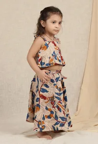 Set Of 2: Oorvi Beige Cream Kalamkari Printed Cotton Crop Top & Skirt image 2