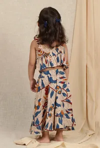 Set Of 2: Oorvi Beige Cream Kalamkari Printed Cotton Crop Top & Skirt image 3