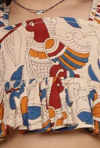 Set Of 2: Oorvi Beige Cream Kalamkari Printed Cotton Crop Top & Skirt image 4