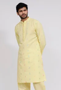 Yellow Dobby Button Down Kurta image 3