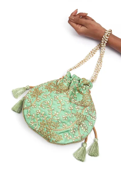 Mint Green Embroidered Silk Potli