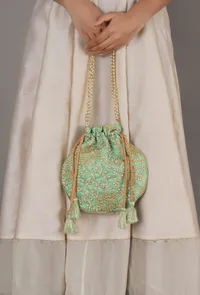 Mint Green Embroidered Silk Potli image 2