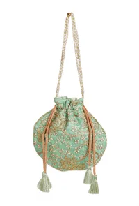 Mint Green Embroidered Silk Potli image 3