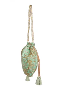 Mint Green Embroidered Silk Potli image 4