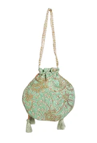 Mint Green Embroidered Silk Potli image 5